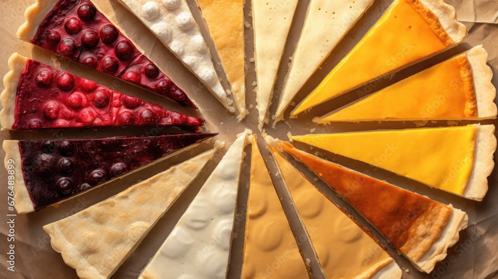 Poster a pie with a variety of pie toppings arranged in a circle on top of a piece of parchment paper. gene