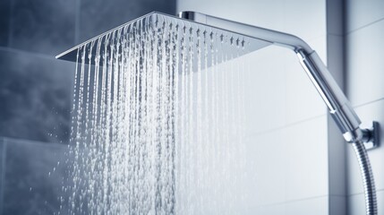  a close up of a shower head with water coming out of the faucet and the shower head in the background.  generative ai