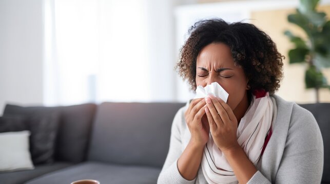 African American woman wrapped in warm clothes due to chills has flu and sneezes in napkin