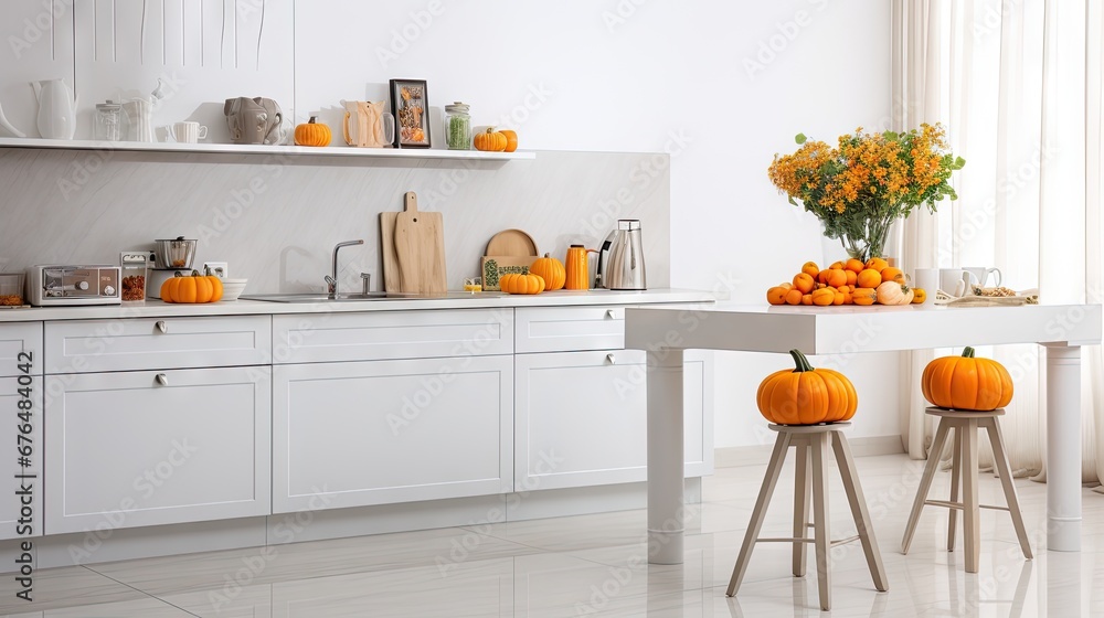 Poster a kitchen filled with lots of white counter top next to a counter top with lots of oranges on it. ge