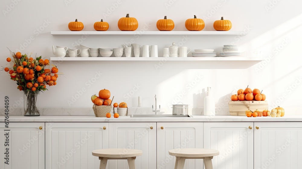 Poster a kitchen filled with lots of white counter top next to a counter top with oranges on top of it. gen
