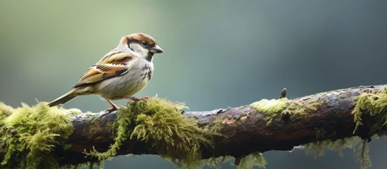Tuinposter In the beautiful embrace of nature a sparrow perched gracefully on a tree branch showcasing the harmonious coexistence of animals and trees © TheWaterMeloonProjec