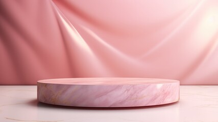 Elevated marble podium pastel pink drapes in background, Premium showcase mockup template for Beauty, Cosmetic, Luxury products, with copy space for text