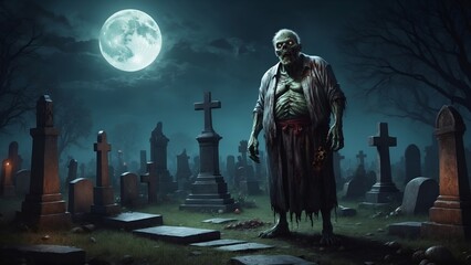Obraz premium Zombie in a gloomy cemetery. 4K - 8K - 12K TV. Generative AI.
