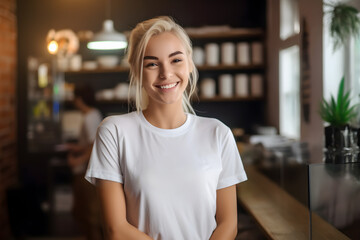 Young cheerful woman part time employee of retail store. Part-time job for students.
