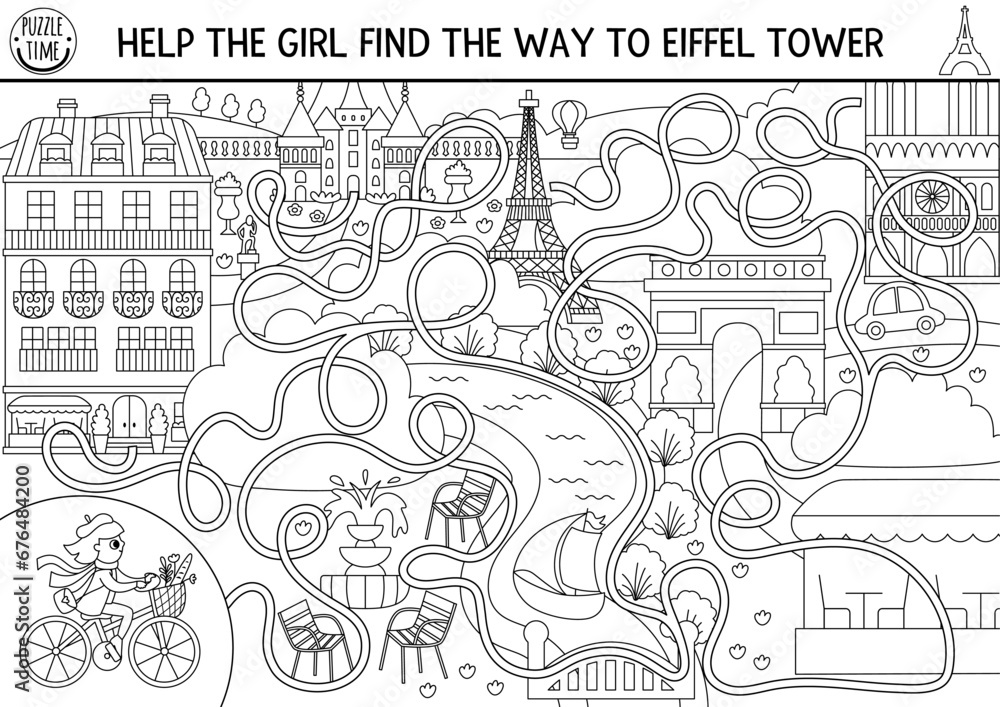 Wall mural france black and white maze for kids with paris scene, woman riding bike through city. french presch - Wall murals