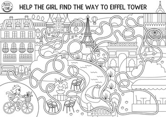 France black and white maze for kids with Paris scene, woman riding bike through city. French preschool activity. Labyrinth game, puzzle or coloring page. Help the girl get to Eiffel Tower.