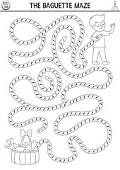 Obraz premium French baguette maze. Funny France black and white labyrinth for kids with traditional pastry. Preschool printable activity. Labyrinth game, puzzle, coloring page with long bread and boy.