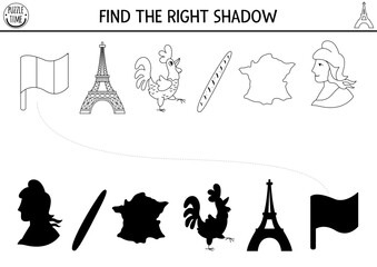 France black and white shadow matching activity. French puzzle with Marianne, map, Eiffel Tower, rooster, baguette. Find correct silhouette worksheet. Funny coloring page for kids.