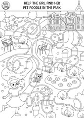 France black and white maze for kids with girl in Luxembourg garden searching for pet poodle. French preschool printable activity. Labyrinth game, puzzle, coloring page with park scene.
