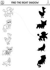Fototapeta na wymiar France black and white shadow matching activity. Puzzle with traditional French animals and birds. Find correct silhouette printable worksheet. Funny coloring page for kids with poodle