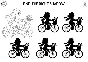 France black and white shadow matching activity. Puzzle with girl riding a bike with basket with baguette, flowers. Find correct silhouette worksheet. Funny French coloring page for kids.