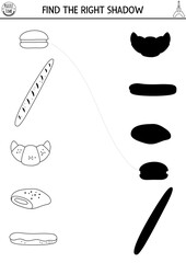 France black and white shadow matching activity. Puzzle with traditional French pastry. Find correct silhouette printable worksheet. Funny coloring page for kids with baguette, croissant, eclair.