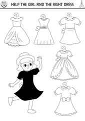 France black and white matching activity. Puzzle with girl in dress. Find correct clothes printable line worksheet. Funny coloring page for kids with woman in hat and beautiful gown.