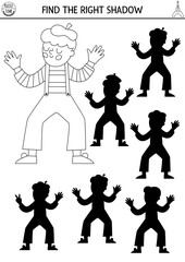 France black and white shadow matching activity. Puzzle with mime in beret and stripy shirt. Find correct silhouette printable line worksheet. Funny French coloring page for kids.