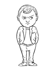 Skeptic man with a suspicious expression on his face. Mistrust and suspicion. Cartoon vector illustration. Black and white sketch. Hand drawn line