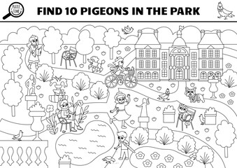 Vector black and white French searching game with city landscape, park, people. Spot hidden pigeons. Simple France seek and find educational printable activity or coloring page for kids.