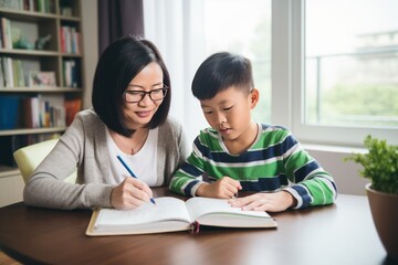 Mom helps son do homework sitting at table writing in paper notebook right answer