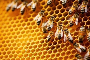 Working bee group works on honeycomb bringing honey on small paws to bee hive cells