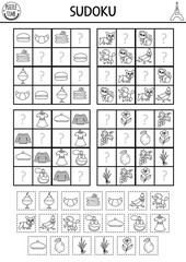 Vector France sudoku puzzle for kids with pictures. Simple black and white French quiz with cut and glue elements. Education activity or coloring page with macaroon, beret, dogs. Draw missing objects.