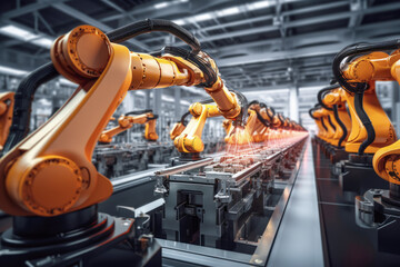 A mechanical robot arm at work in an assembly plant, emphasizing the role of modern machinery in the production line.