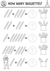 How many baguettes game. French black and white traditional pastry math addition activity. Simple France printable counting line worksheet for kids. Funny mathematics coloring page.