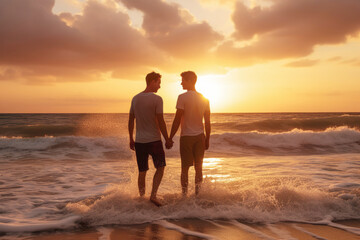 A happy gay couple enjoying a romantic sunset on the beach, portraying the warmth of their love and connection. - obrazy, fototapety, plakaty