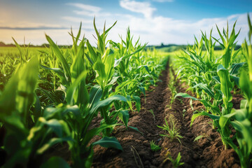 Obraz premium A lush cornfield in the countryside, bathed in sunlight, showcasing the natural growth of crops in a rural landscape.