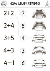 Fototapeta premium Match the numbers game with stripy shirt. Math activity for kids with traditional French clothes. France educational counting line worksheet. How many stripes coloring page for children.