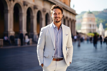 Wealthy attractive happy young male executive smiling looking away posing in downtown rom.