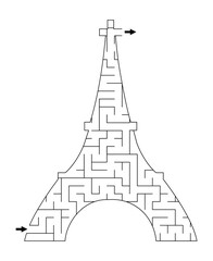 Fototapeta premium Black and white maze for kids shaped as Eiffel Tower. French printable line activity for children with Paris landmark. Geometric labyrinth game, puzzle or coloring page with France scene.