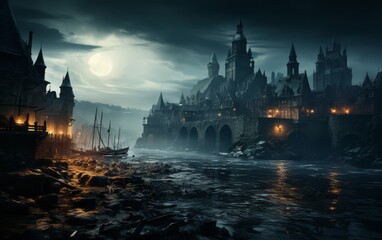 Naklejka premium fantasy landscape with a gloomy castle