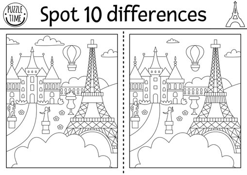 Find differences game for children. Educational black and white activity with cute scene in park, castle, Eiffel Tower. Puzzle for kids with French scenery. Printable worksheet or coloring page.
