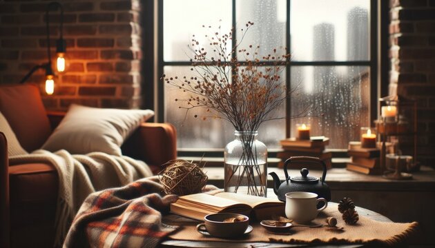 Cozy Comfort: Home Vignette with Rainy City View