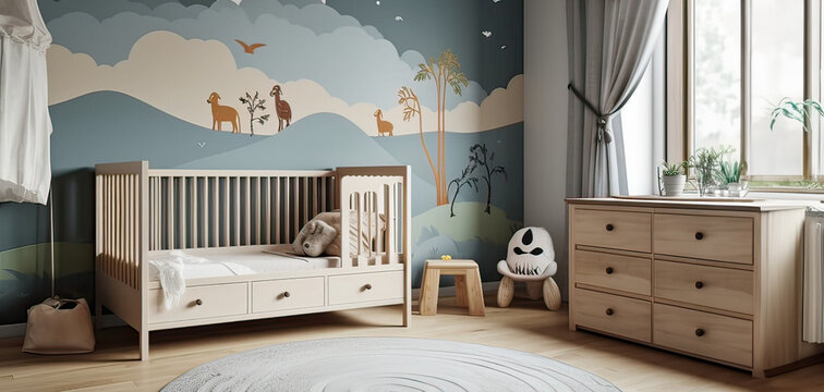 newborn baby room with toys, children's chair, natural basket with teddy bear and small shelf. Modern interior , Background