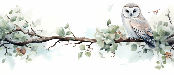 Küchenrückwand glas motiv illustration of white owl on a branch, with space for text and white background, painted with watercolors © FelixW