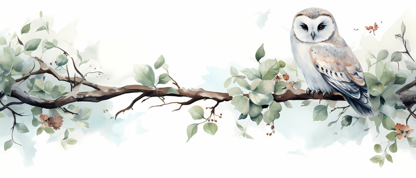 illustration of white owl on a branch, with space for text and white background, painted with watercolors