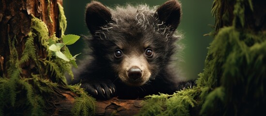 In the summer a baby bear with a cute black face enjoys exploring the natural beauty of the forest surrounded by trees and wildlife embracing the wilderness of its young and adventurous mamm