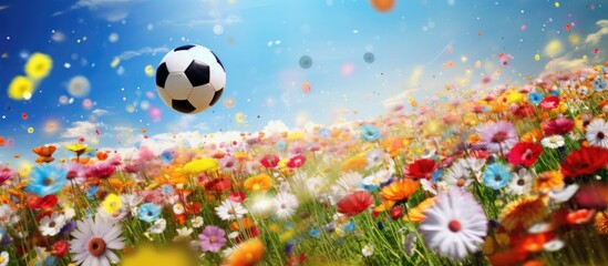 In the background of the summer meadow colorful flowers bloom filling the nature with vibrant hues As children play soccer in the grass under the warm sun the Easter spirit fills the air wi