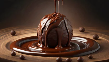 Gordijnen Dark Chocolate sauce melted Chocolate into a Chocolate Ball, 3d rendering. © Abele
