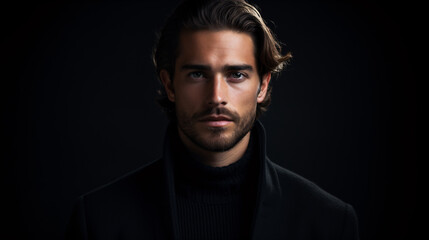 Fototapeta premium A debonair gent portrayed in a studio against a somber backdrop.