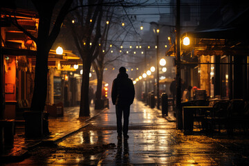 Loneless. A man walking throgh the street.