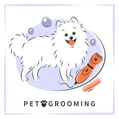 Pet grooming. Cartoon dog character with tools for animal hair grooming. Vector illustration for pet care salon. 