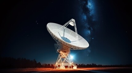 Huge radio telescope aimed directly into sky in middle of deserted desert catching signals