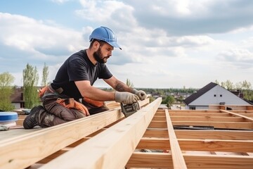 Caucasian male construction worker in hardhat is working on the construction of a wooden frame house.