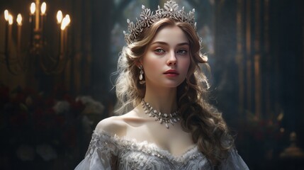 picture shows a stunning woman clutching a diamond crown while wearing a white lace gown. fantasies from the Middle Ages - obrazy, fototapety, plakaty