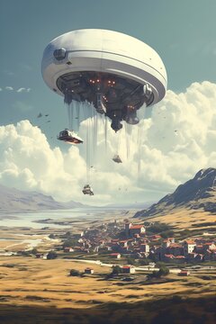 flying objects sky above town grivet blimps suburbia illustration passengers delivering packages retail cloud computing vibes scenario assets