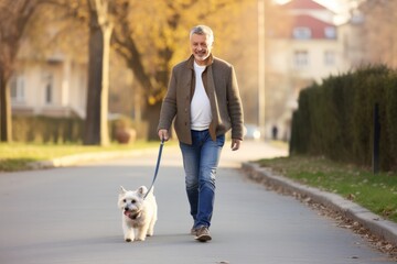 Man walking obedient dog led on leash on leaf-covered road along autumn city park - obrazy, fototapety, plakaty