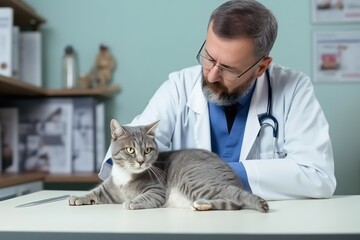 Man veterinarian in medical gown carefully examines large cat in veterinary clinic office