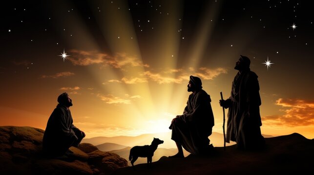 Silhouettes of ancient shepherds with goat looking into sky at Bethlehem star in starry night